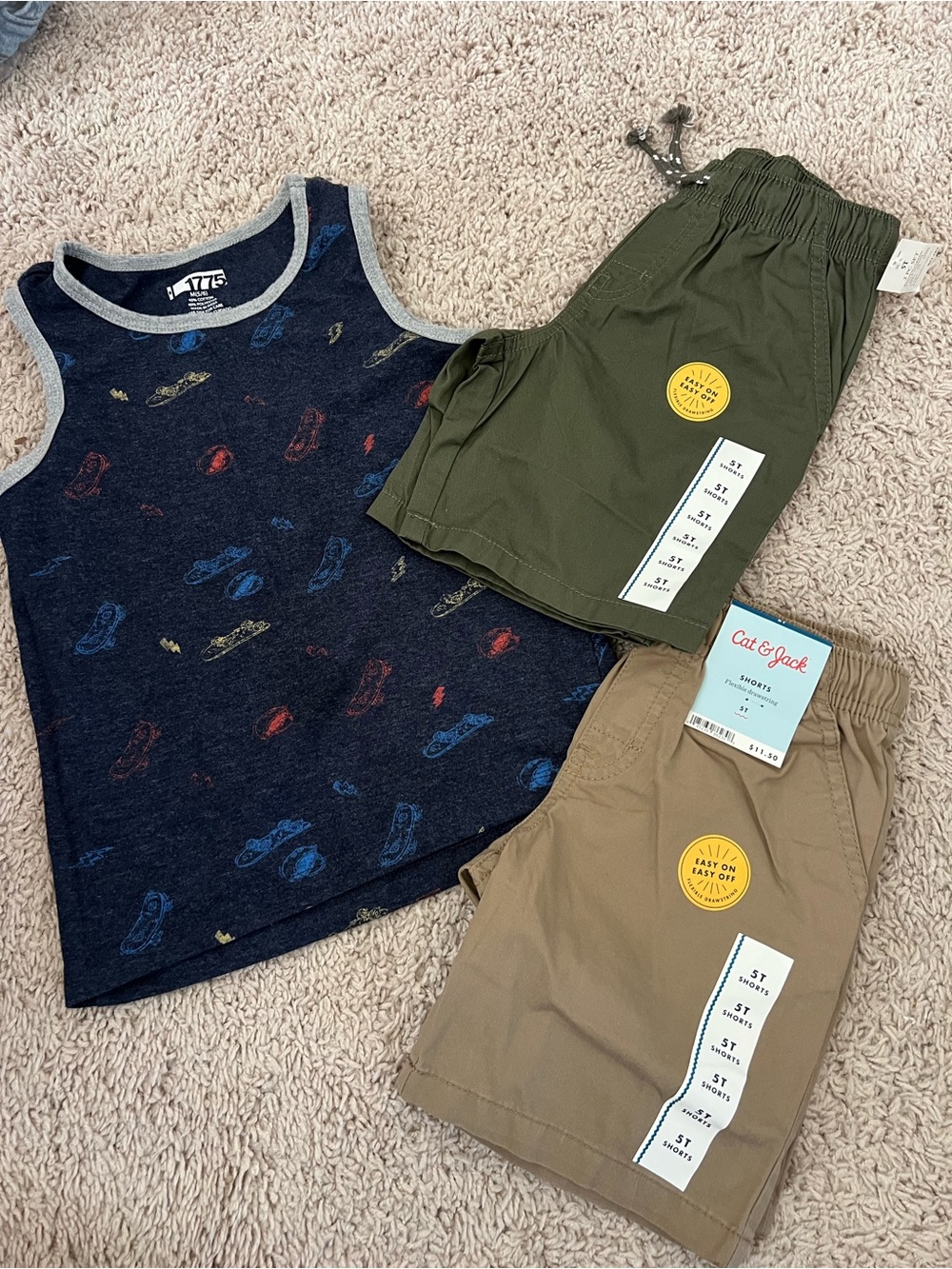 Navy Tank Top with Multicolor skateboard Print + Olive & Khaki Shorts Set
